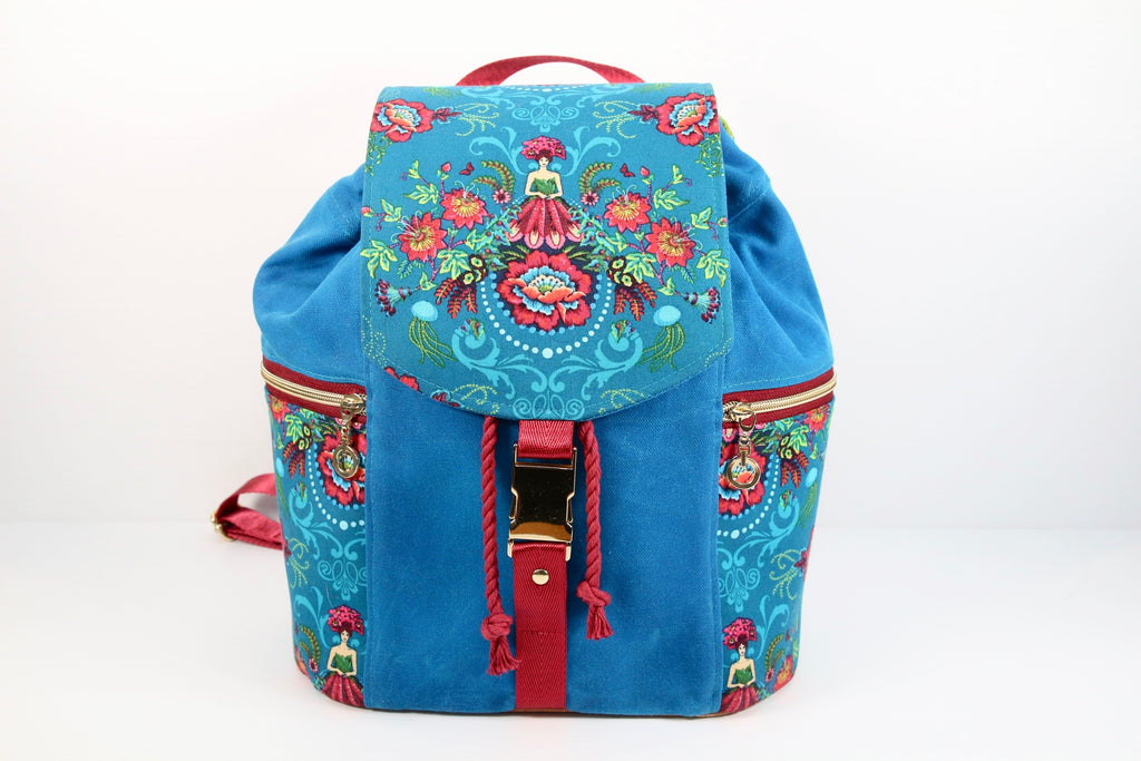 Drawstring Backpack with Bright Blue Waxed Canvas and Mini Flower