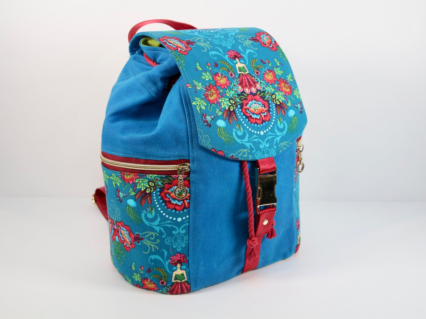 Drawstring Backpack with Bright Blue Waxed Canvas and Mini Flower Fairies