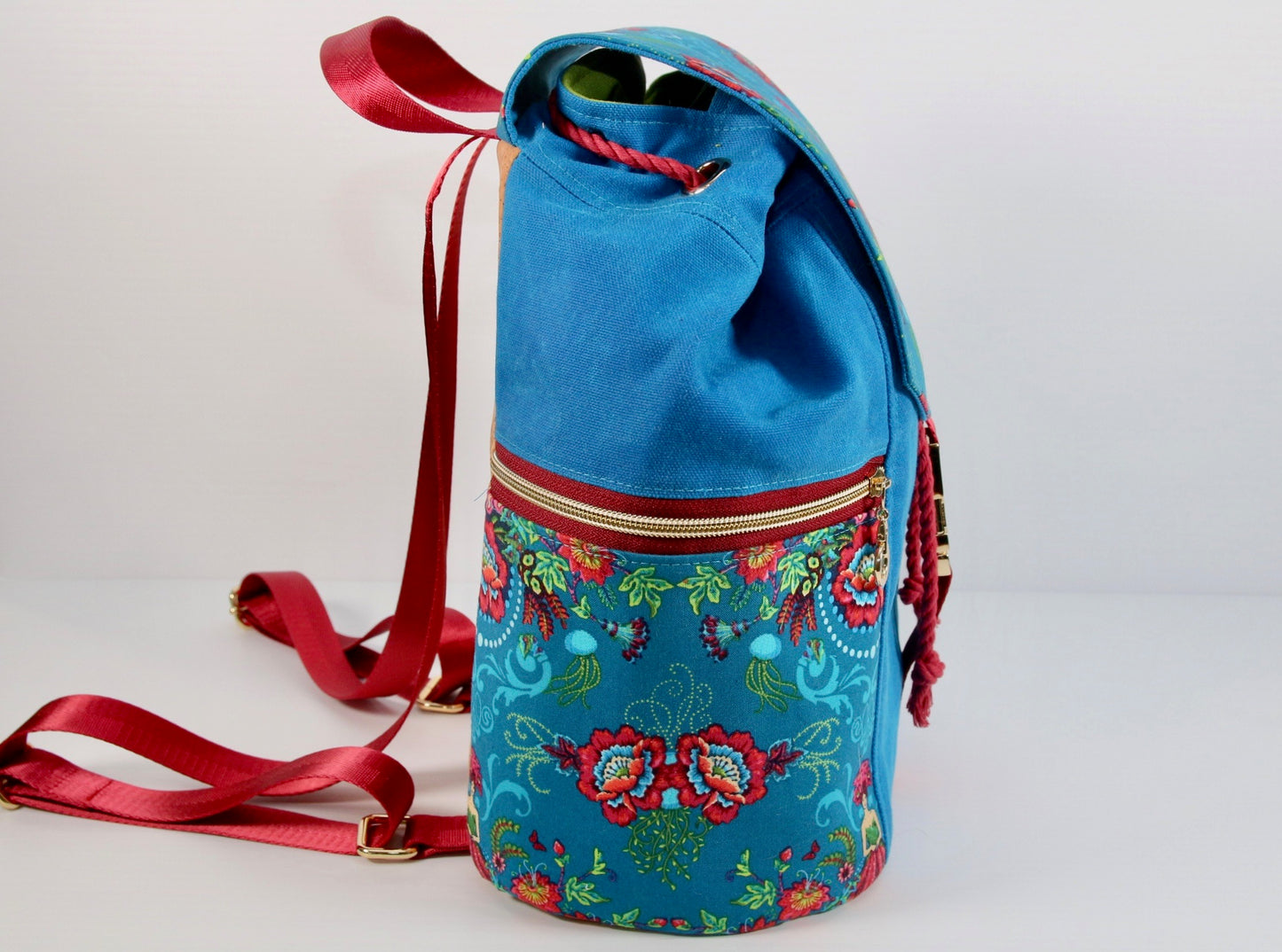 Drawstring Backpack with Bright Blue Waxed Canvas and Mini Flower Fairies