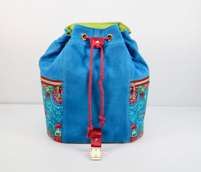 Drawstring Backpack with Bright Blue Waxed Canvas and Mini Flower Fairies