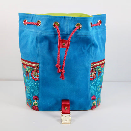 Drawstring Backpack with Bright Blue Waxed Canvas and Mini Flower Fairies