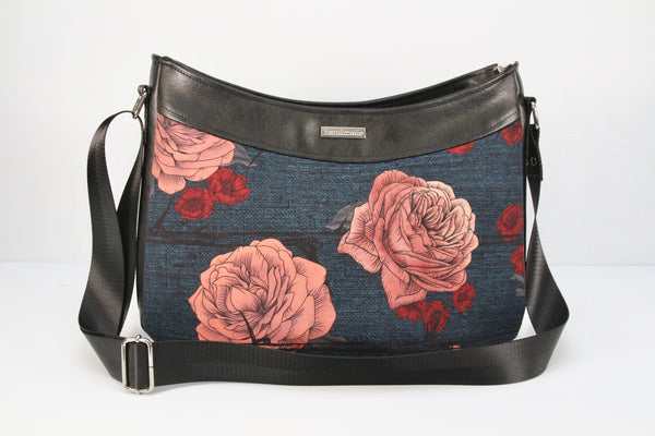 Pleated Cross Body bag in Rose Gold Nettle Canvas with Black Faux Leather
