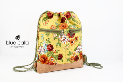 Begonia Backpack in Fall Floral in Yellow and natural cork