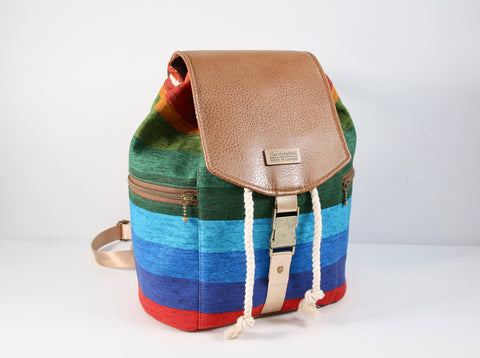 Drawstring Backpack in Rainbow Stripe Canvas and Brown Faux leather