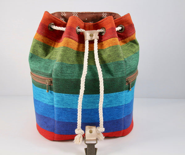 Drawstring Backpack in Rainbow Stripe Canvas and Brown Faux leather
