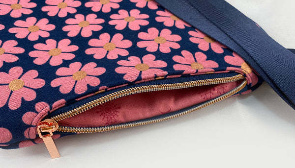 Foxtail Cross body sling in Pink Daisies on Navy