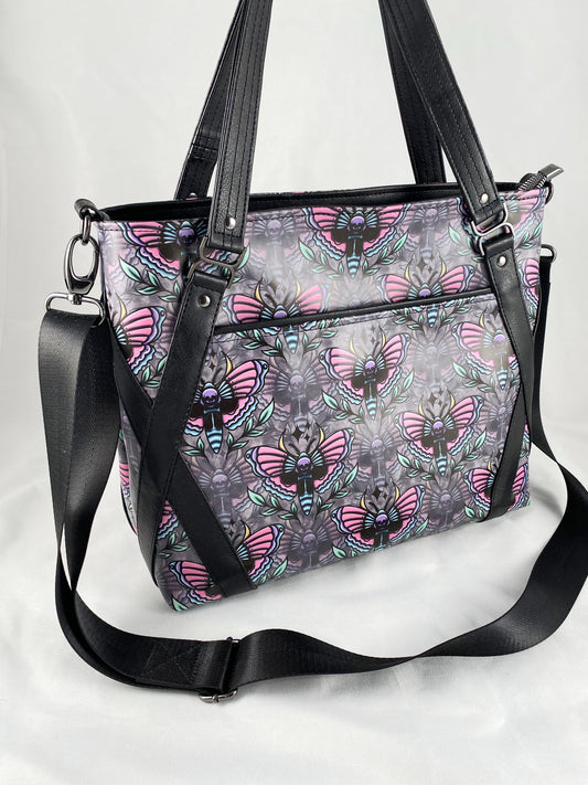 Passion Flower Tote - Skull Moth Vinyl on Grey