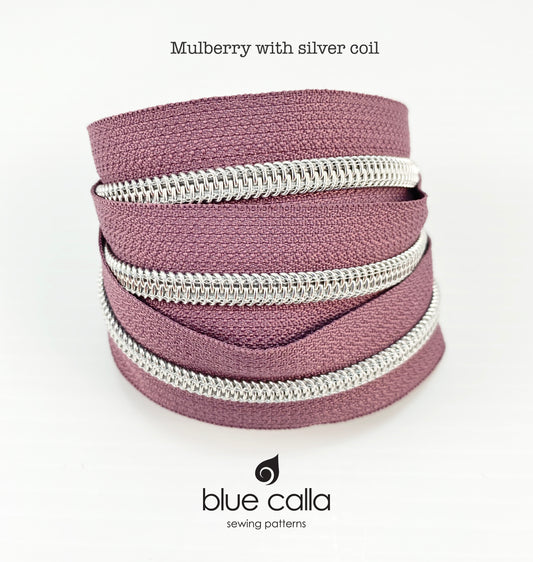 SILVER COIL - MULBERRY - #5 Metallic Nylon Coil Zipper tape