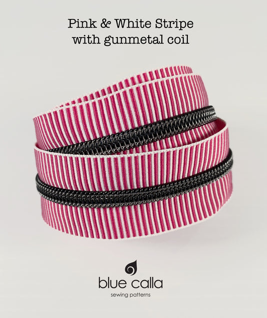 GUNMETAL COIL - PINK AND WHITE STRIPE - #5 Metallic Nylon Coil Zipper