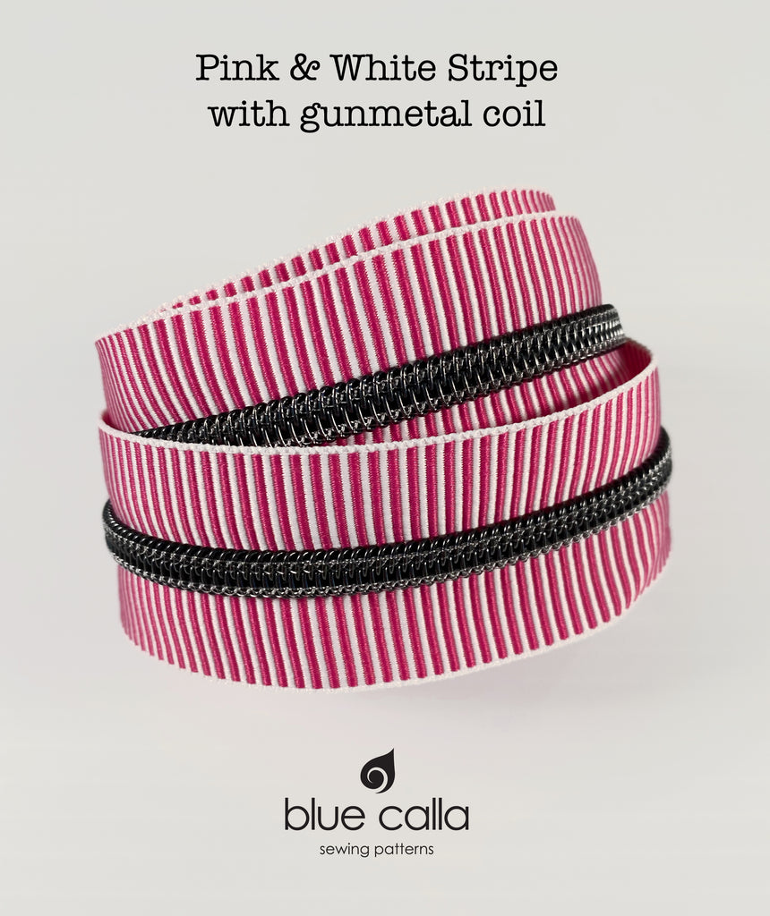 GUNMETAL COIL - PINK AND WHITE STRIPE - #5 Metallic Nylon Coil Zipper