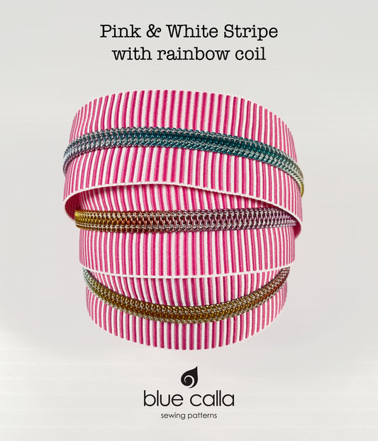 RAINBOW COIL - PINK & WHITE STRIPE - #5 Metallic Nylon Coil Zipper tape