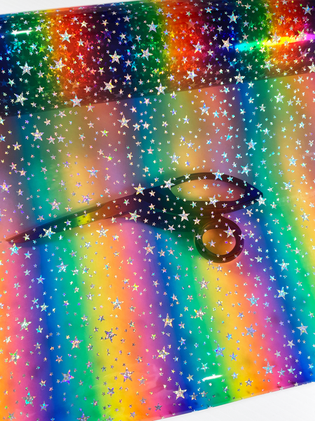 Printed Clear Vinyl (12 gauge) - Rainbow Stripe with Iridescent Stars