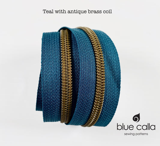 ANTIQUE BRASS COIL - TEAL - #5 Metallic Nylon Coil Zipper tape