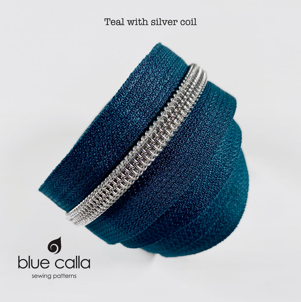 SILVER COIL - TEAL - #5 Metallic Nylon Coil Zipper tape