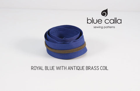 ANTIQUE BRASS COIL - ROYAL BLUE - #5 Metallic Nylon Coil Zipper tape